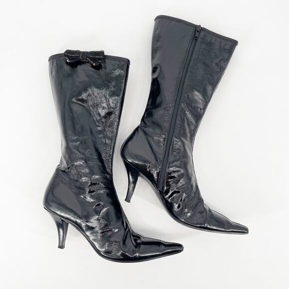 Vintage Miu Miu Black Patent Leather Pointed Toe Mid Calf Heel Boots IT 38.5 - Picture 3 of 13